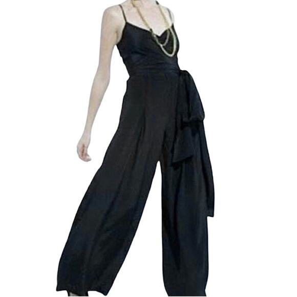 BCBGMaxAzria Black 100% Silk Adjustable Waist Wrap Wide Leg Jumpsuit Women 4 - Picture 3 of 12